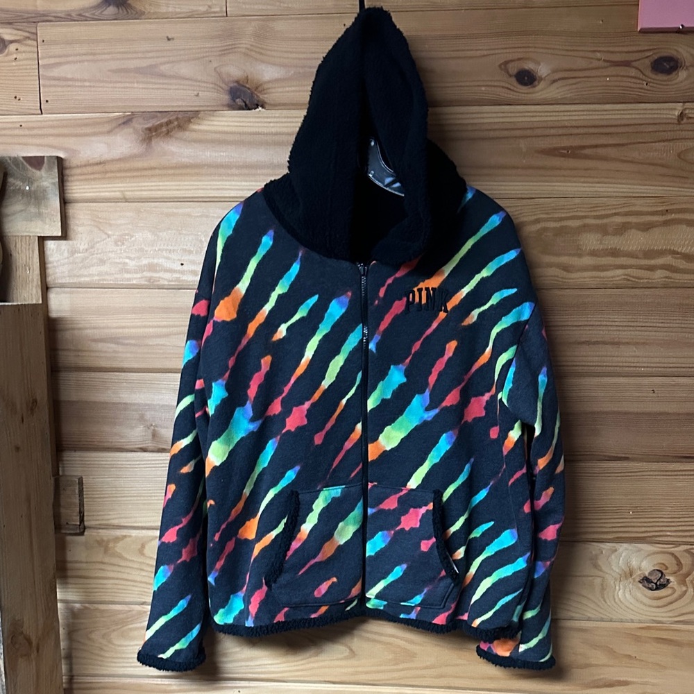 PINK Victoria's Secret Tie Dye Multicolor Black Fleece Reversible Jacket Size L